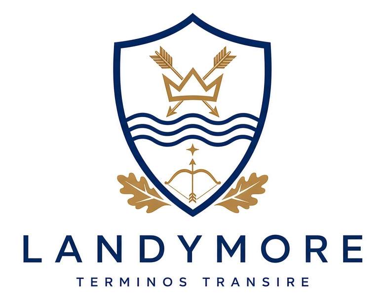 Landymore family crest: a navy-outlined shield bearing a gold crown over crossed arrows, three waves, a star and an upward bow, flanked by oak leaves, with the wordmark LANDYMORE and the Latin motto Terminos Transire.